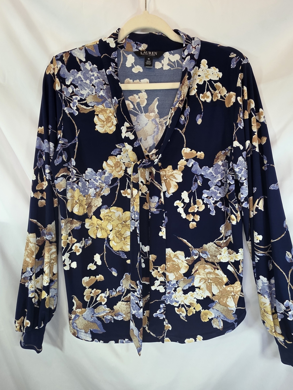 Ralph Lauren Navy Floral Tie-Neck Blouse